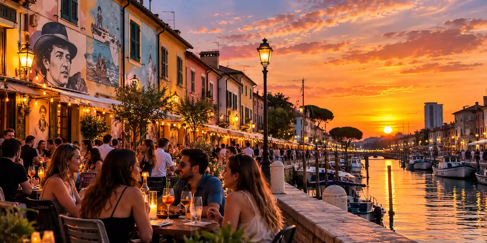 Aperitivo al tramonto nel Borgo San Giuliano a Rimini con i murales di Fellini